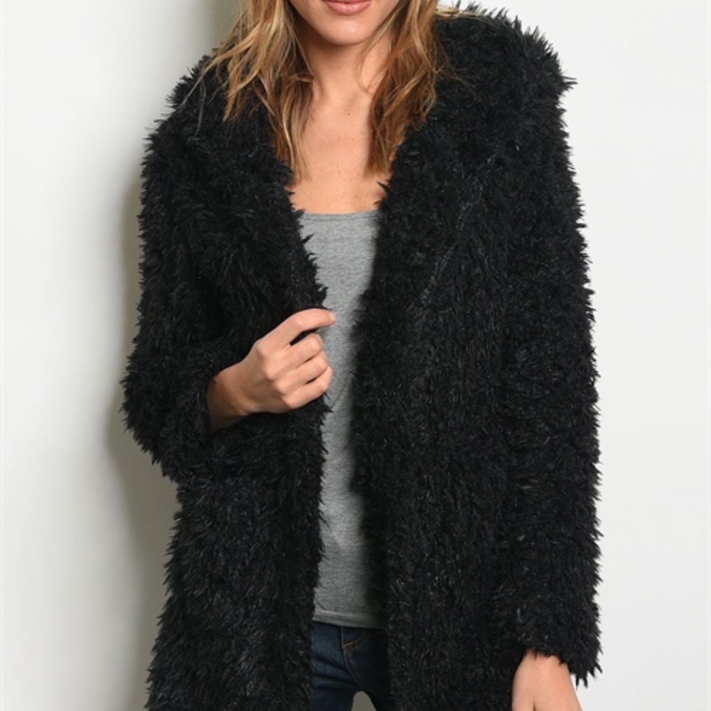 BUTTON CLOSURE HOODED SHAGGY BLACK FAUX COAT - Picture 2 of 8